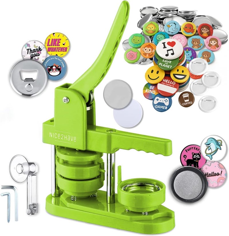 nice2have Button Maker Machine – 2.25 Inch (58mm) – Single Mold, Pin Maker Machine Kit with 100 Buttons, 5 Fridge Magnets, 5 Bottle Openers, Cutters, and 500+ Button Designs for DIY Crafts, Green - Image 1